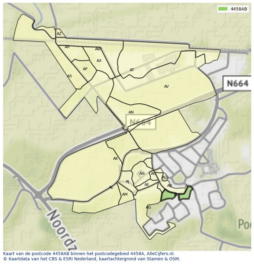 Afbeelding van het postcodegebied 4458 AB op de kaart.