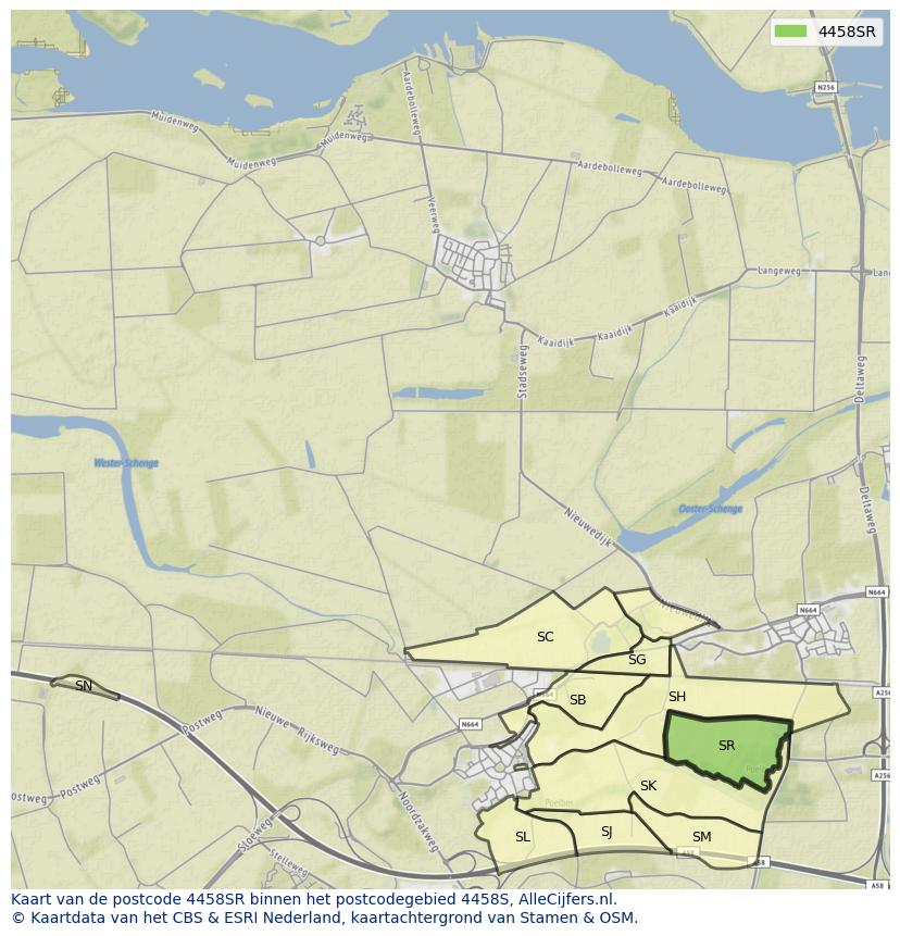 Afbeelding van het postcodegebied 4458 SR op de kaart.