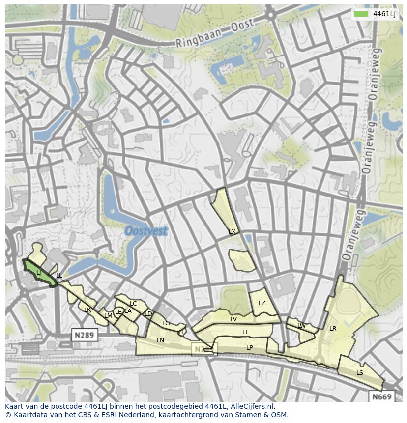 Afbeelding van het postcodegebied 4461 LJ op de kaart.