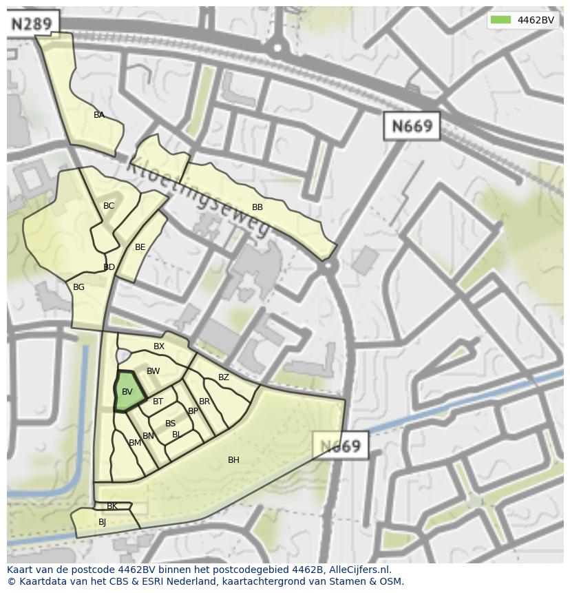 Afbeelding van het postcodegebied 4462 BV op de kaart.