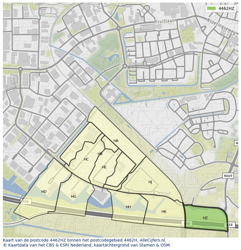 Afbeelding van het postcodegebied 4462 HZ op de kaart.