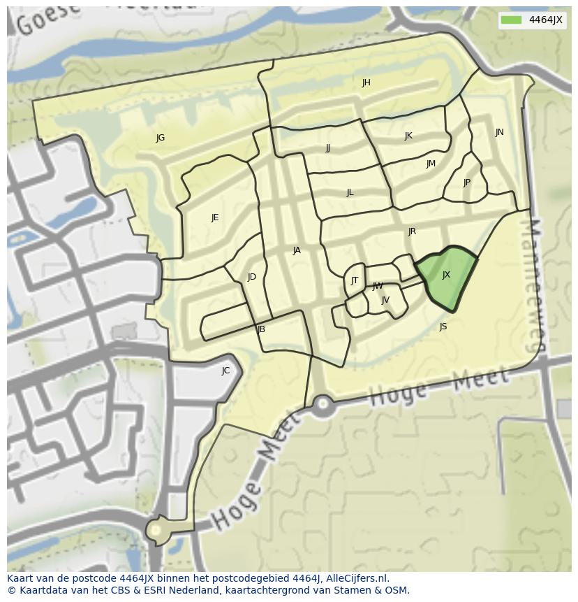 Afbeelding van het postcodegebied 4464 JX op de kaart.