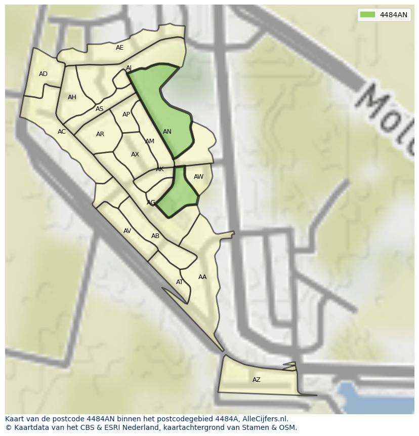 Afbeelding van het postcodegebied 4484 AN op de kaart.