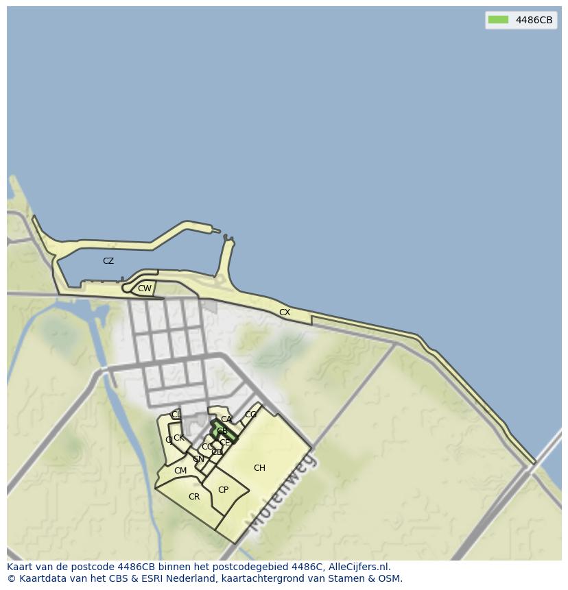 Afbeelding van het postcodegebied 4486 CB op de kaart.