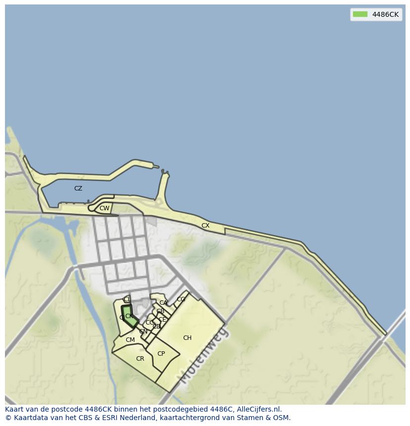 Afbeelding van het postcodegebied 4486 CK op de kaart.