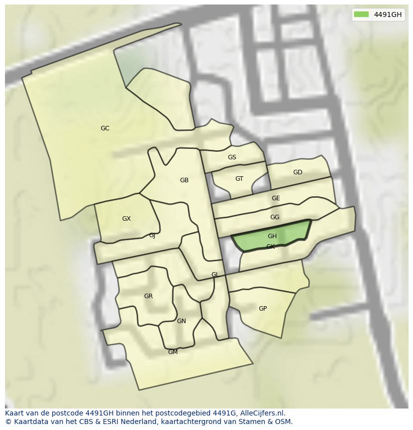 Afbeelding van het postcodegebied 4491 GH op de kaart.