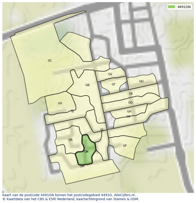 Afbeelding van het postcodegebied 4491 GN op de kaart.