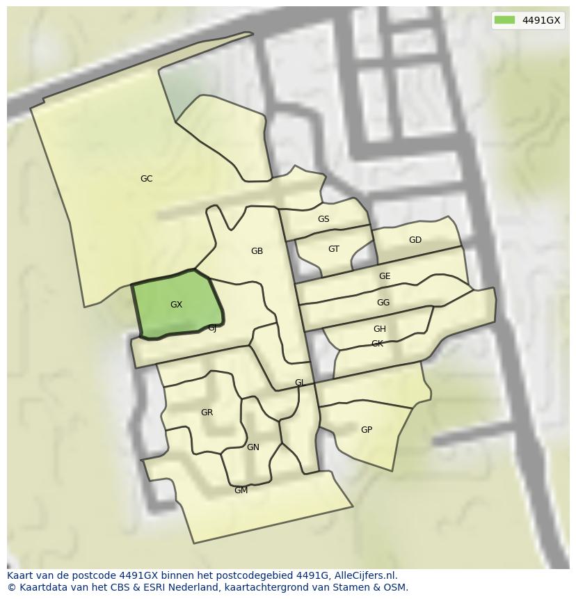 Afbeelding van het postcodegebied 4491 GX op de kaart.