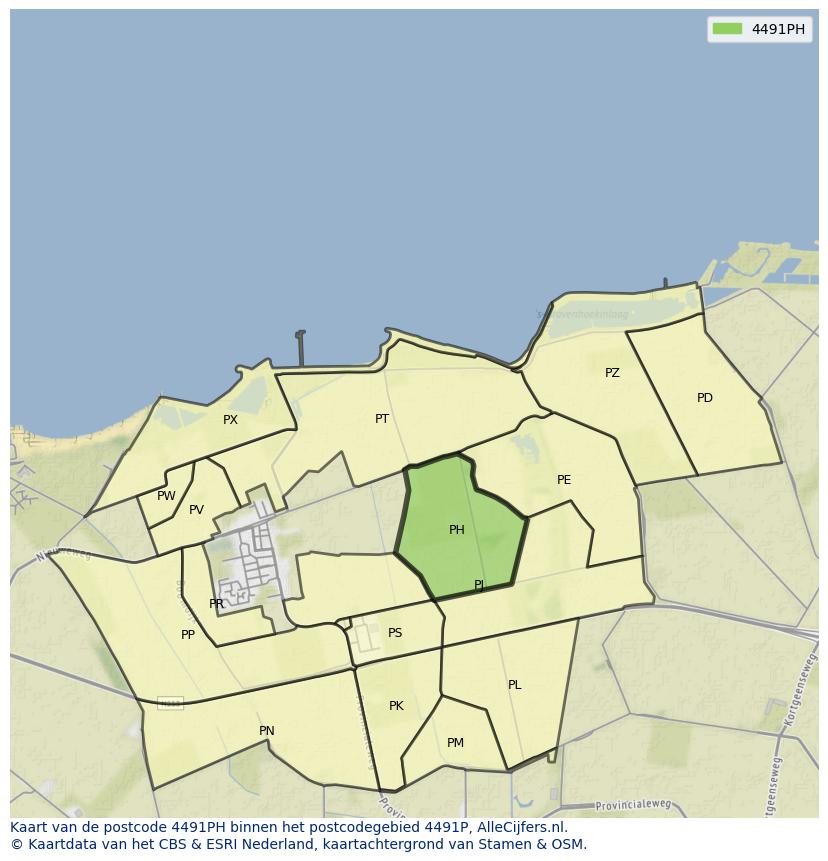 Afbeelding van het postcodegebied 4491 PH op de kaart.