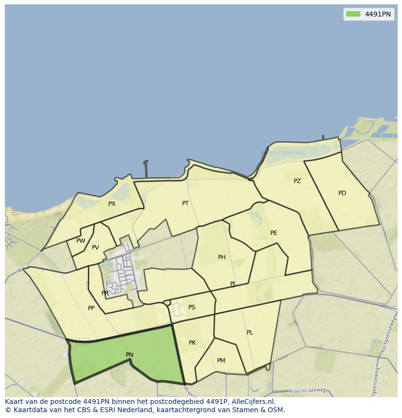 Afbeelding van het postcodegebied 4491 PN op de kaart.