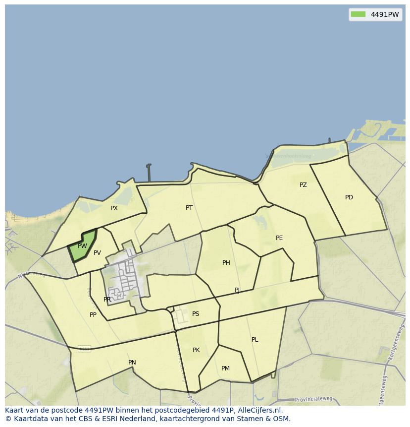 Afbeelding van het postcodegebied 4491 PW op de kaart.
