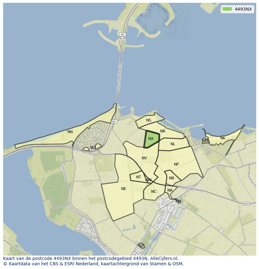 Afbeelding van het postcodegebied 4493 NX op de kaart.