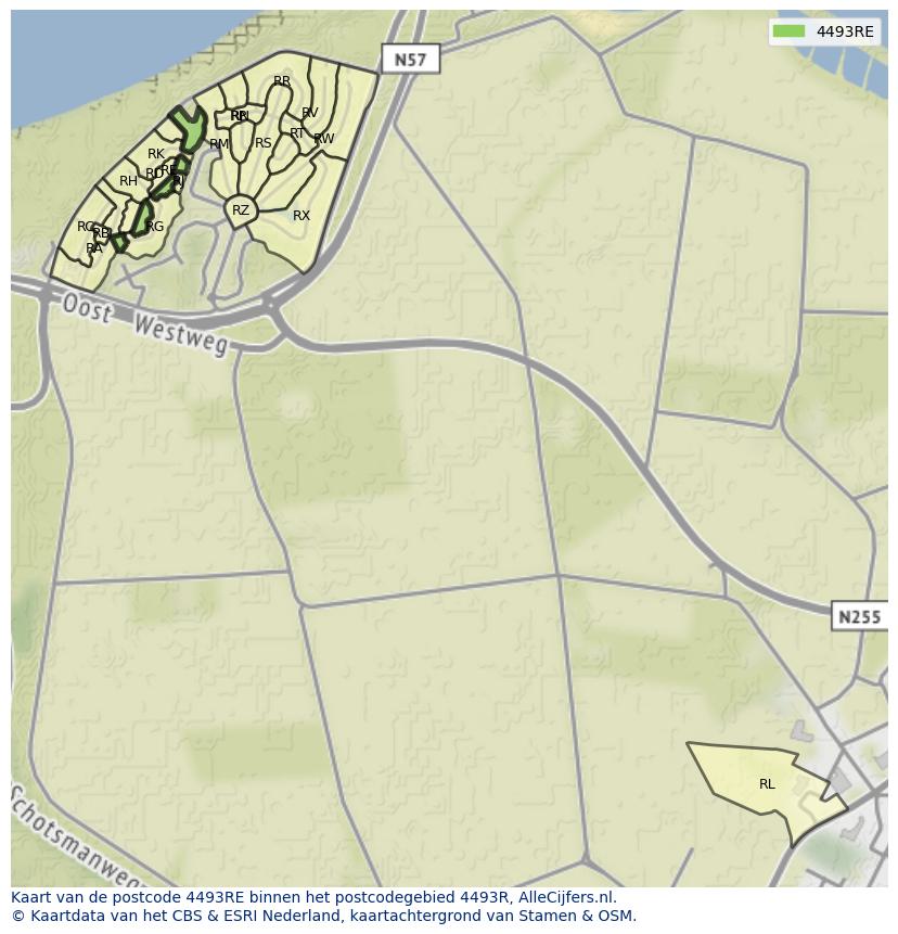 Afbeelding van het postcodegebied 4493 RE op de kaart.