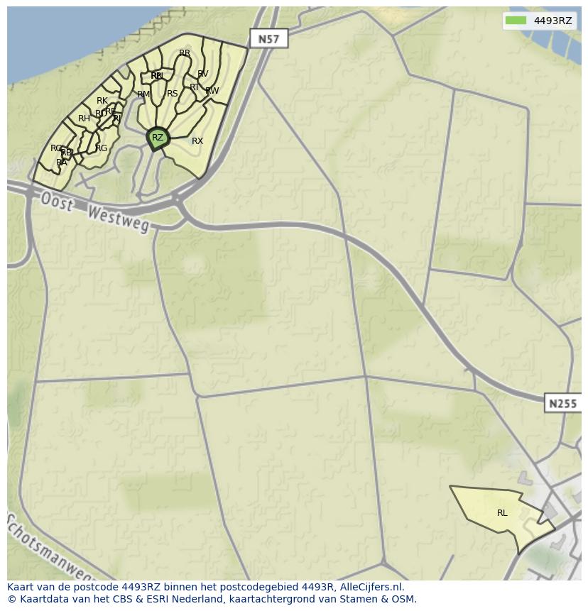 Afbeelding van het postcodegebied 4493 RZ op de kaart.