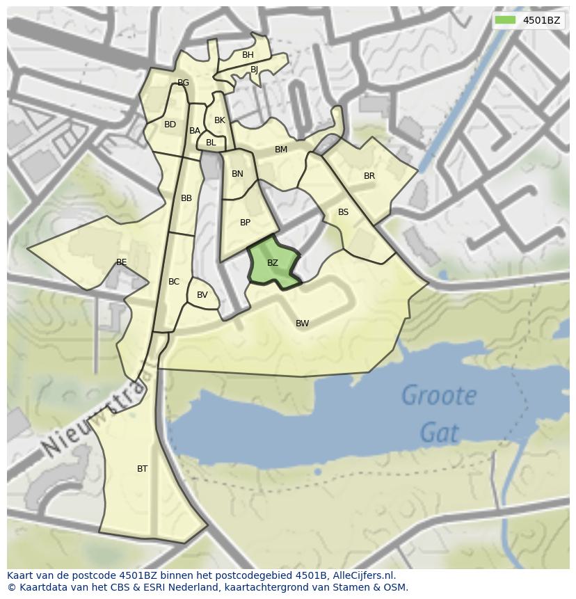 Afbeelding van het postcodegebied 4501 BZ op de kaart.
