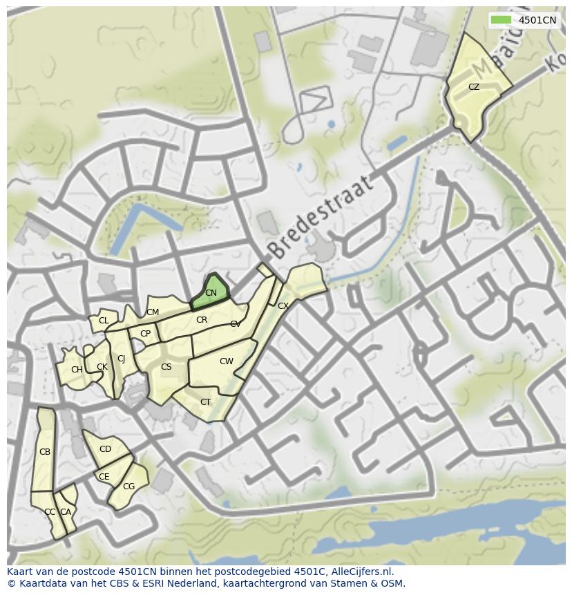 Afbeelding van het postcodegebied 4501 CN op de kaart.