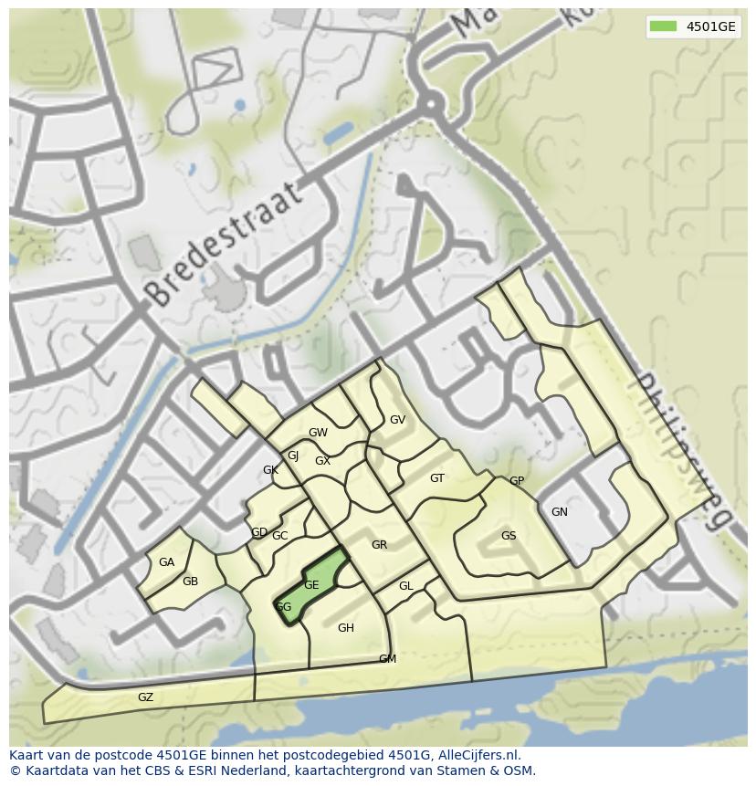 Afbeelding van het postcodegebied 4501 GE op de kaart.