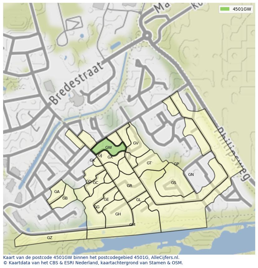 Afbeelding van het postcodegebied 4501 GW op de kaart.