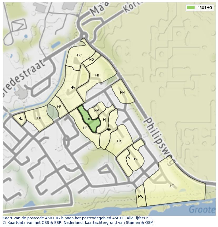 Afbeelding van het postcodegebied 4501 HG op de kaart.