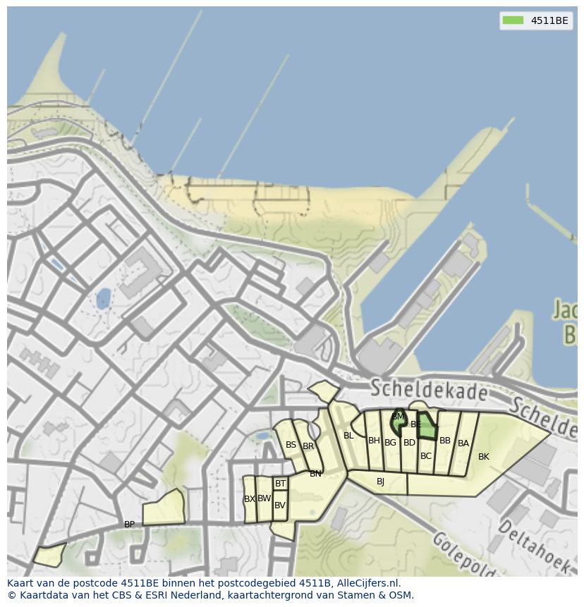 Afbeelding van het postcodegebied 4511 BE op de kaart.