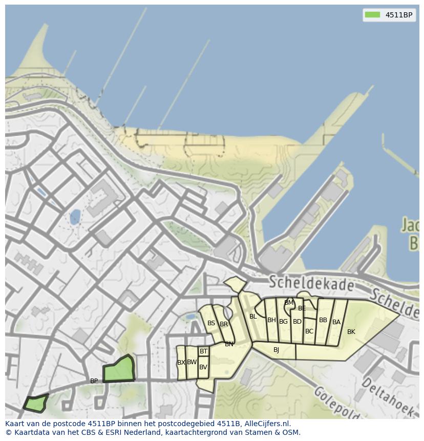 Afbeelding van het postcodegebied 4511 BP op de kaart.