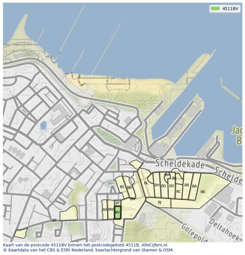 Afbeelding van het postcodegebied 4511 BV op de kaart.