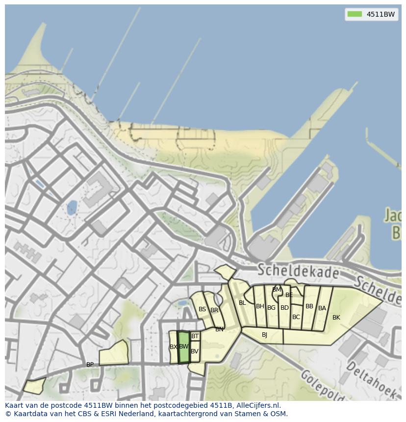 Afbeelding van het postcodegebied 4511 BW op de kaart.