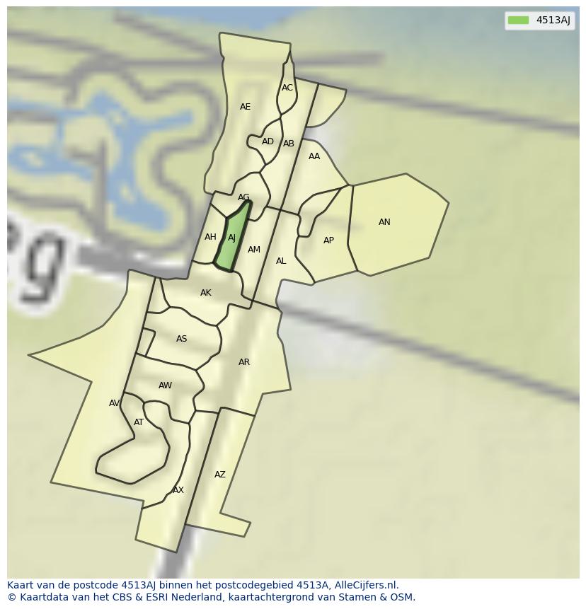 Afbeelding van het postcodegebied 4513 AJ op de kaart.