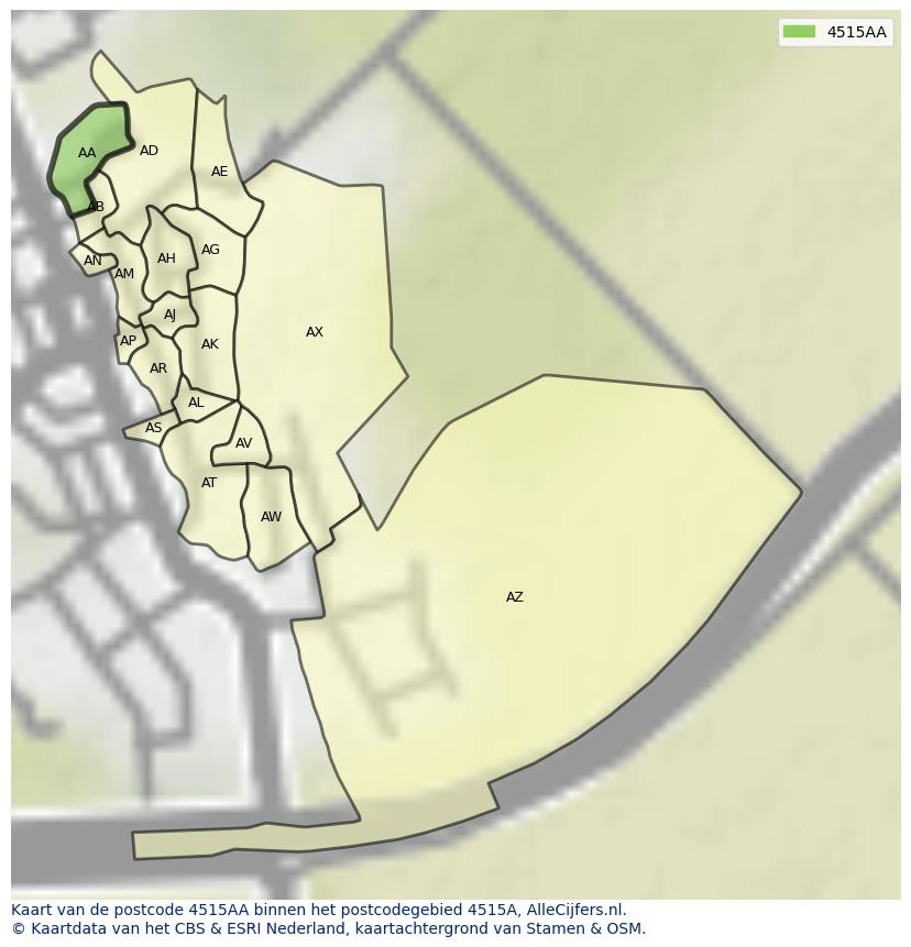Afbeelding van het postcodegebied 4515 AA op de kaart.