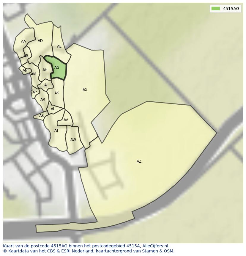 Afbeelding van het postcodegebied 4515 AG op de kaart.