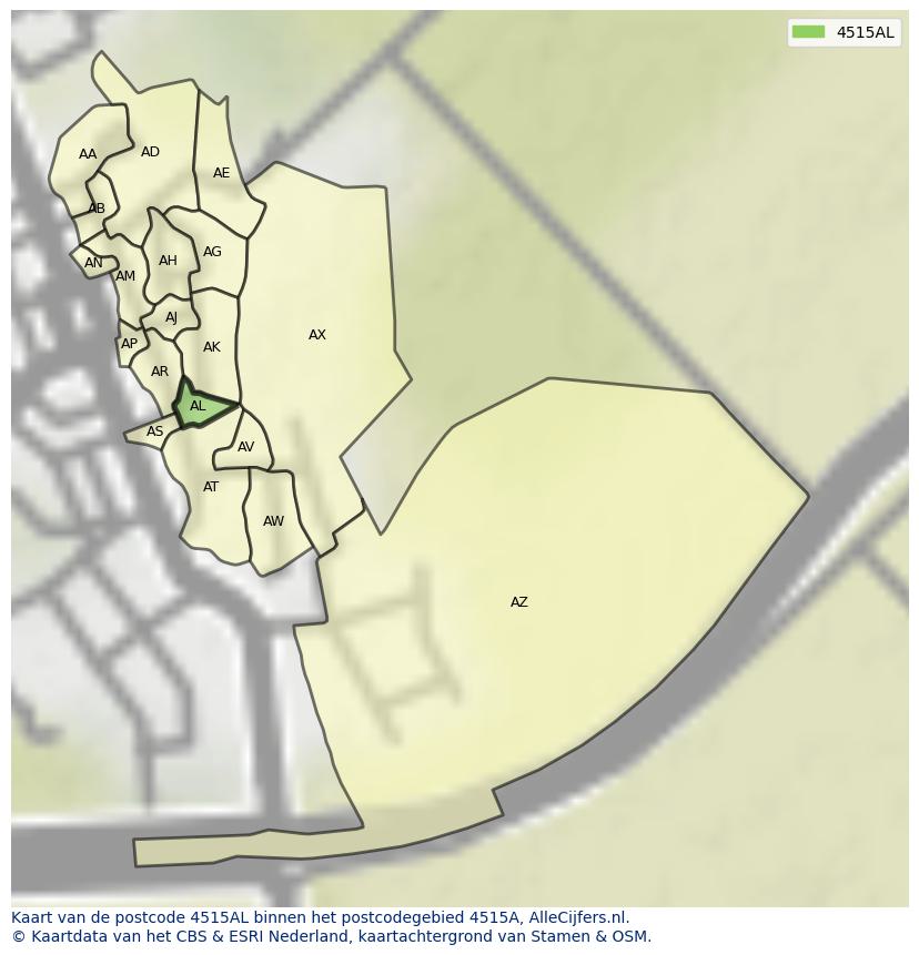 Afbeelding van het postcodegebied 4515 AL op de kaart.