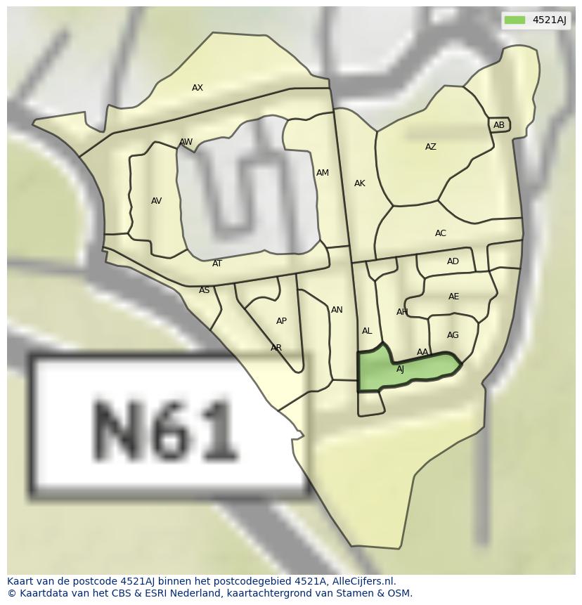 Afbeelding van het postcodegebied 4521 AJ op de kaart.