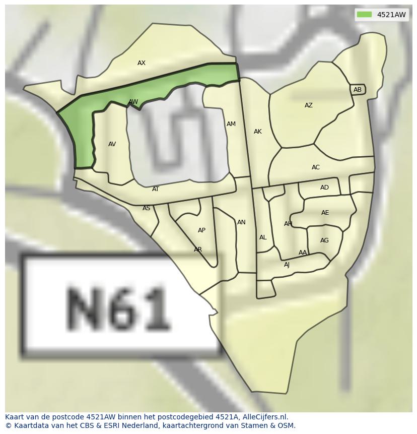 Afbeelding van het postcodegebied 4521 AW op de kaart.