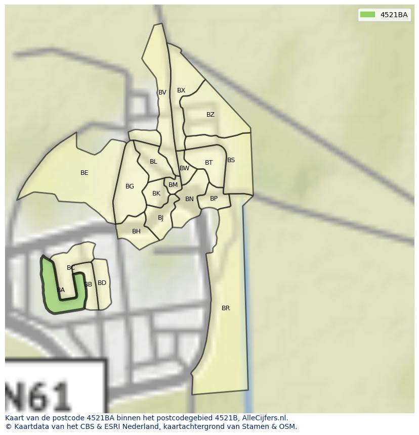 Afbeelding van het postcodegebied 4521 BA op de kaart.