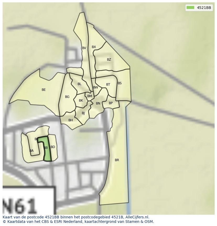 Afbeelding van het postcodegebied 4521 BB op de kaart.
