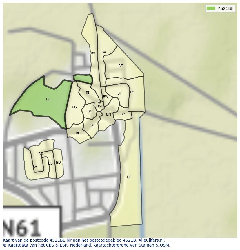 Afbeelding van het postcodegebied 4521 BE op de kaart.