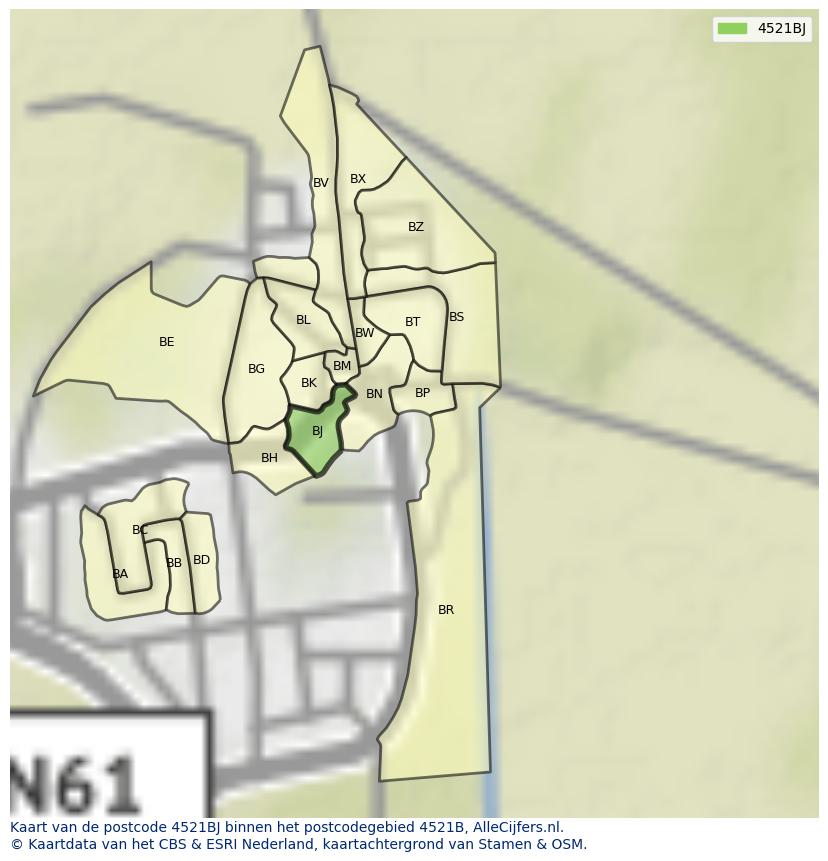 Afbeelding van het postcodegebied 4521 BJ op de kaart.
