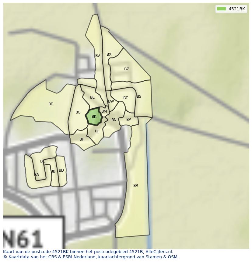 Afbeelding van het postcodegebied 4521 BK op de kaart.