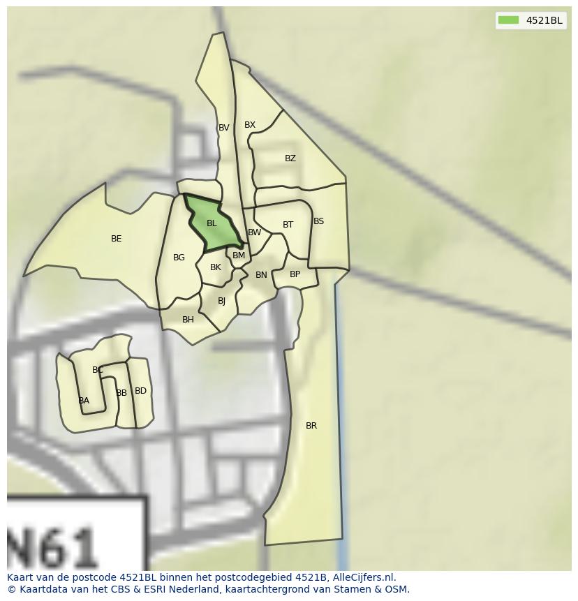 Afbeelding van het postcodegebied 4521 BL op de kaart.