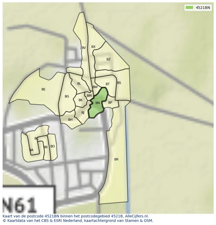 Afbeelding van het postcodegebied 4521 BN op de kaart.