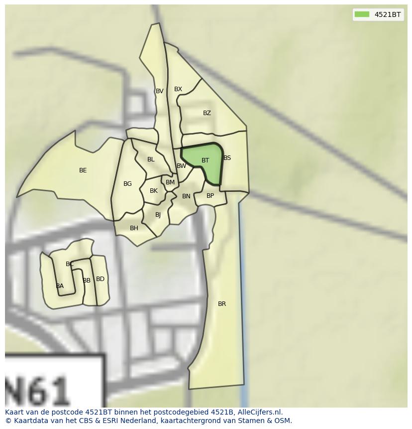 Afbeelding van het postcodegebied 4521 BT op de kaart.