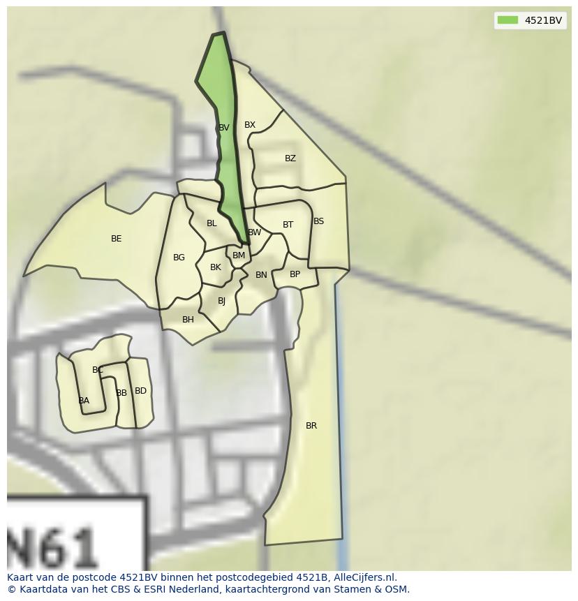Afbeelding van het postcodegebied 4521 BV op de kaart.