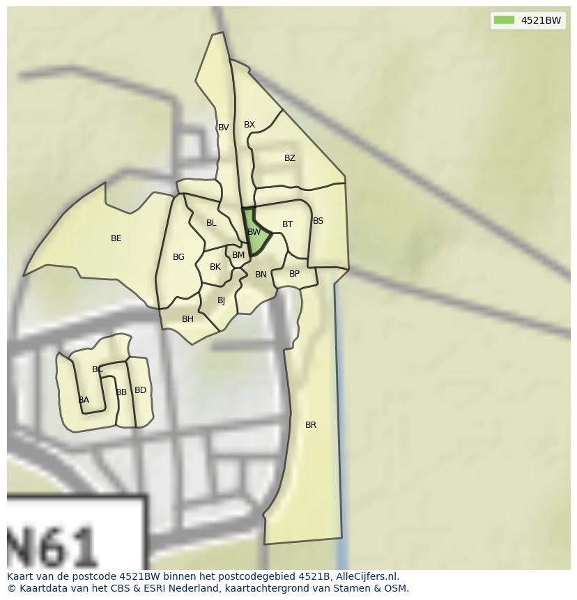 Afbeelding van het postcodegebied 4521 BW op de kaart.