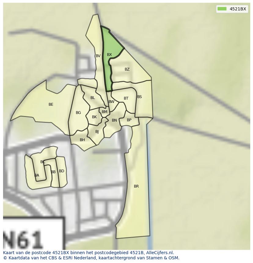 Afbeelding van het postcodegebied 4521 BX op de kaart.