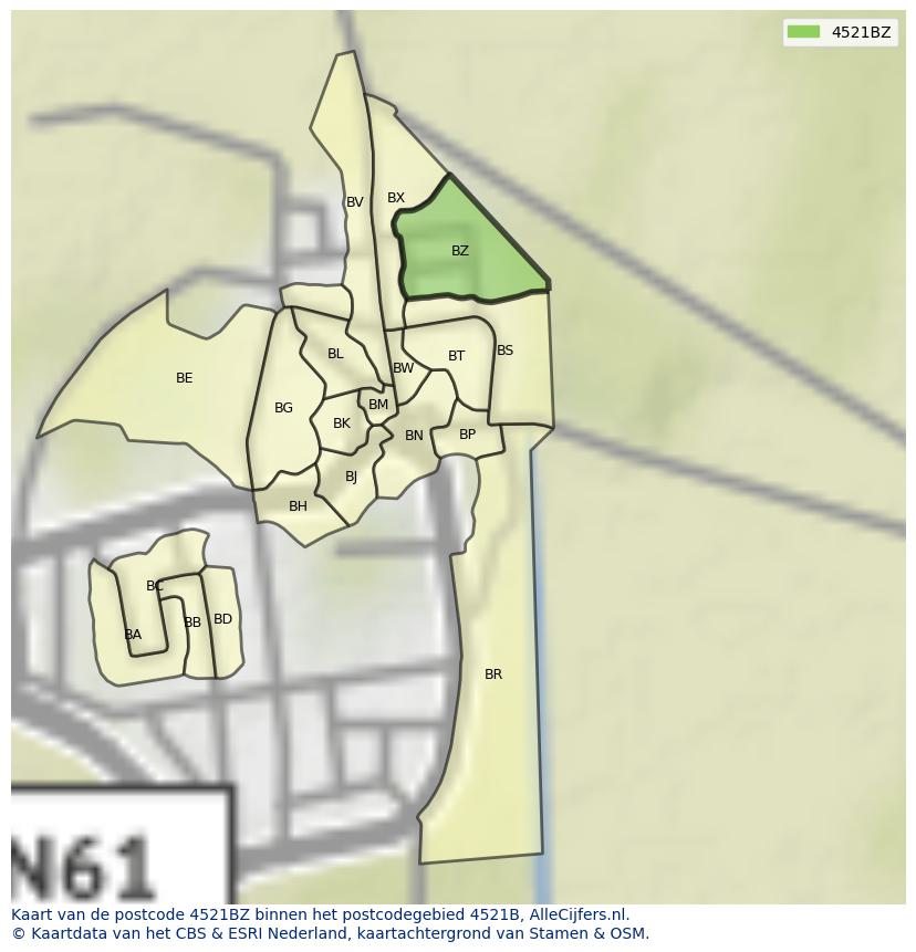 Afbeelding van het postcodegebied 4521 BZ op de kaart.