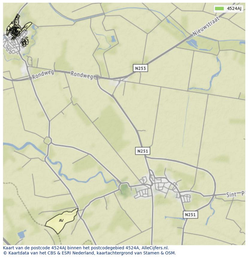 Afbeelding van het postcodegebied 4524 AJ op de kaart.