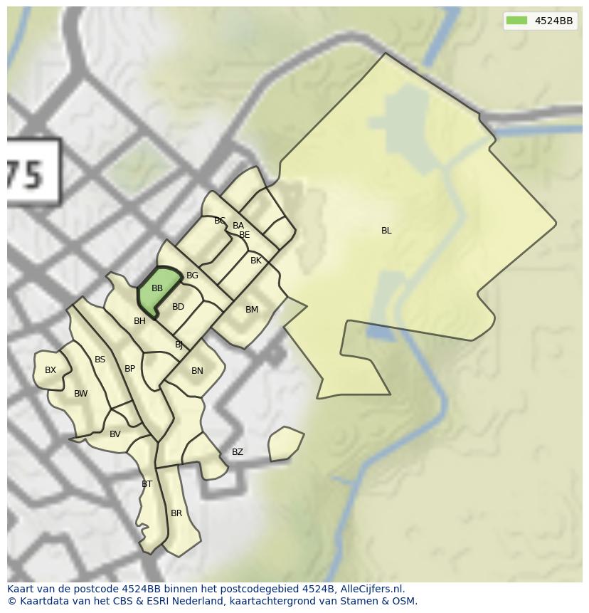 Afbeelding van het postcodegebied 4524 BB op de kaart.