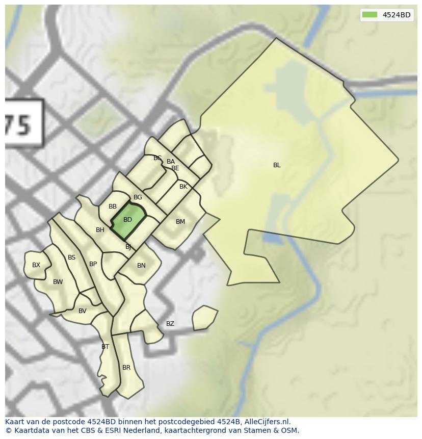 Afbeelding van het postcodegebied 4524 BD op de kaart.