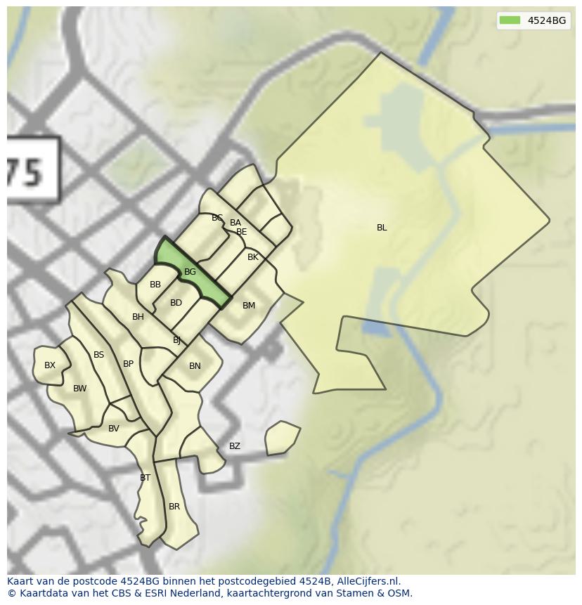 Afbeelding van het postcodegebied 4524 BG op de kaart.