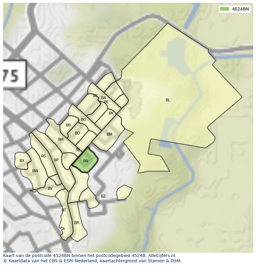 Afbeelding van het postcodegebied 4524 BN op de kaart.